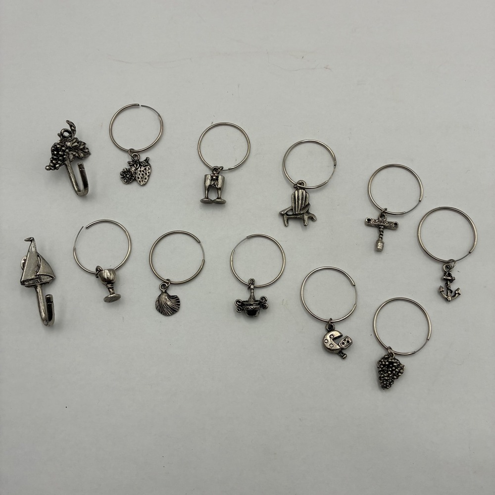 Rawcliffe Pewter Wine Glass Charms and Pins Set 2001 Nautical Vineyard 12pc